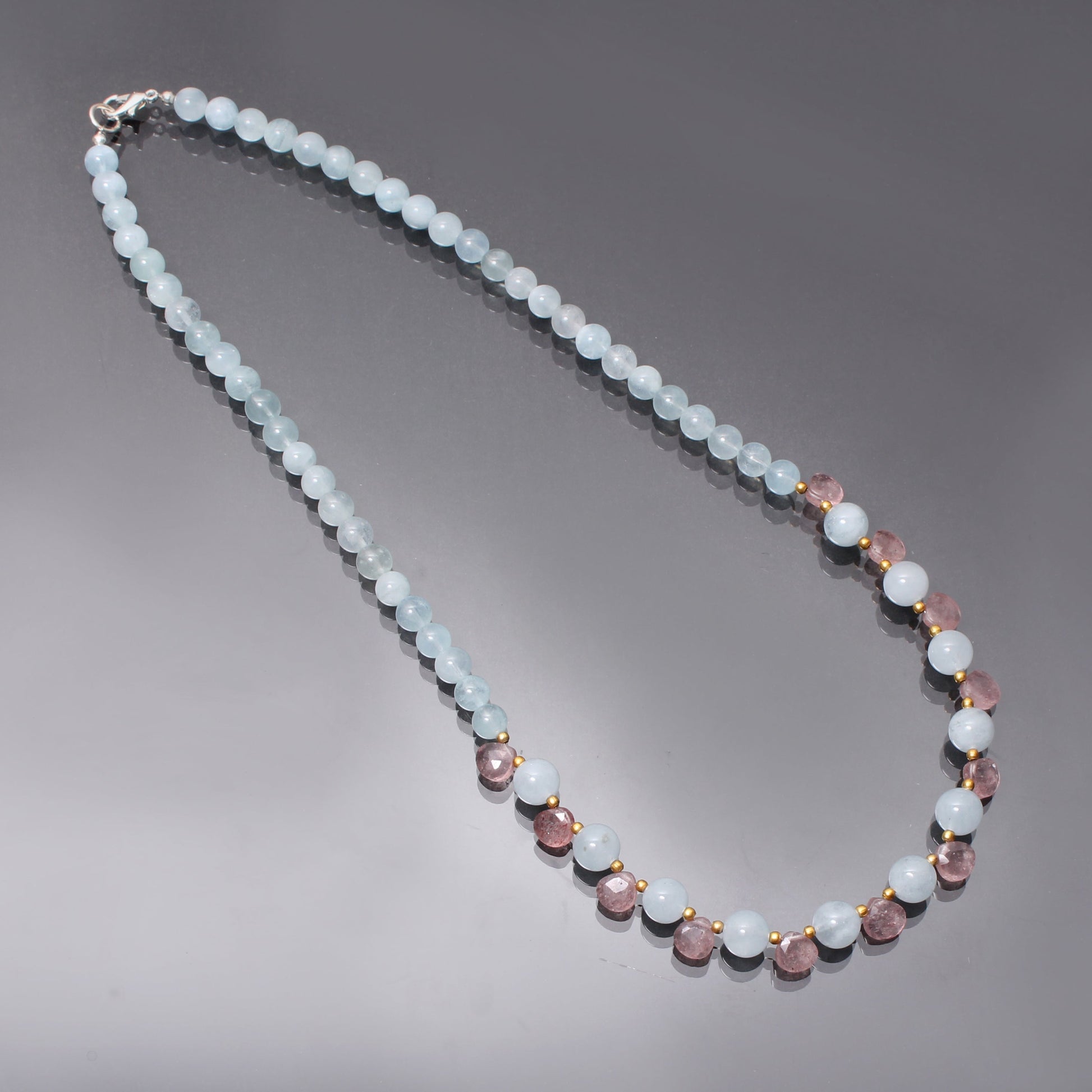 Blue Aquamarine Beaded Necklace, Aquamarine And Strawberry Quartz  Gemstone Designer Necklace GemsRush