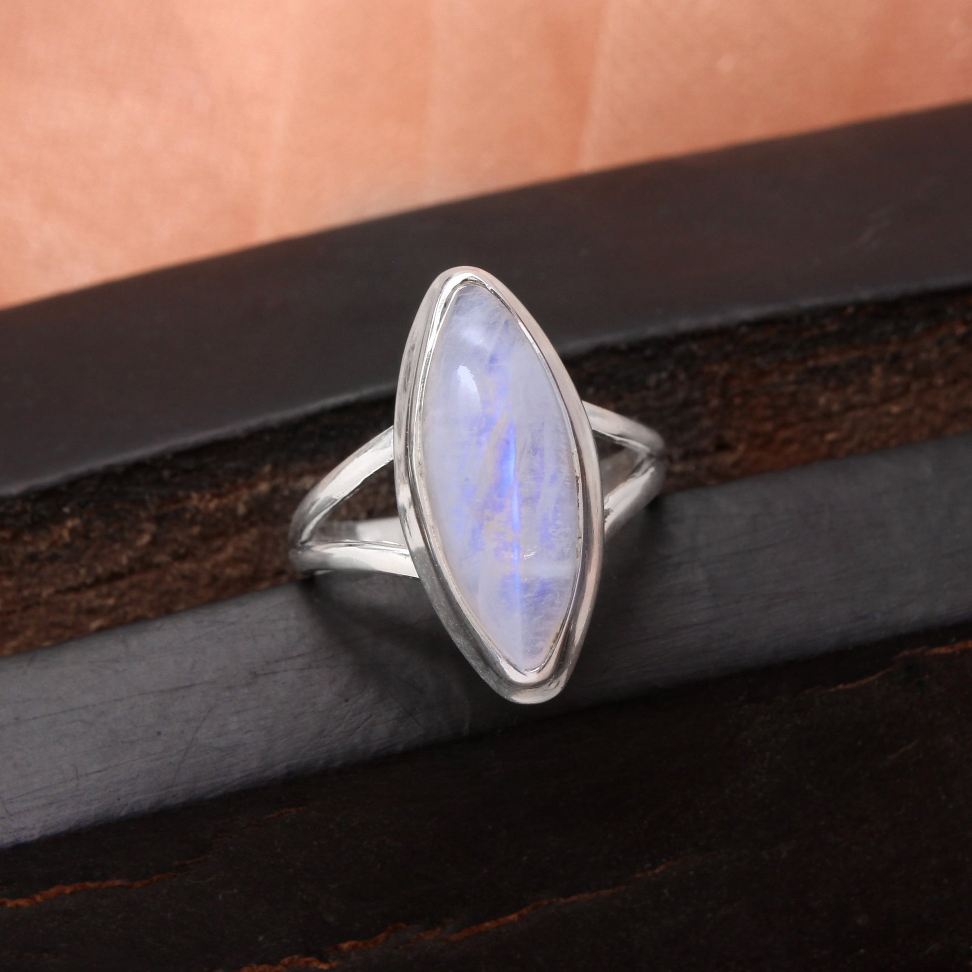 Blue Flashy Marquise Moonstone Silver Ring ( 5 3/4 us Ring Size ) GemsRush