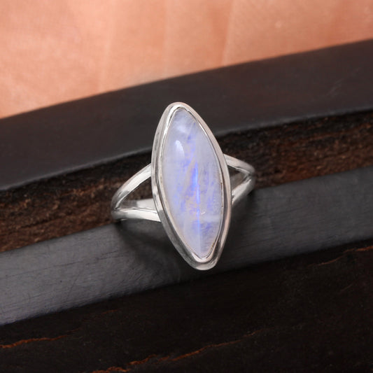 Blue Flashy Marquise Moonstone Silver Ring ( 5 3/4 us Ring Size ) GemsRush