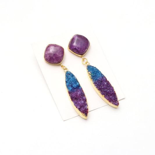 Blue Purple Druzy Gold Plated Brass Earring GemsRush