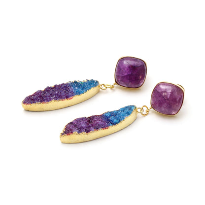 Blue Purple Druzy Gold Plated Brass Earring GemsRush