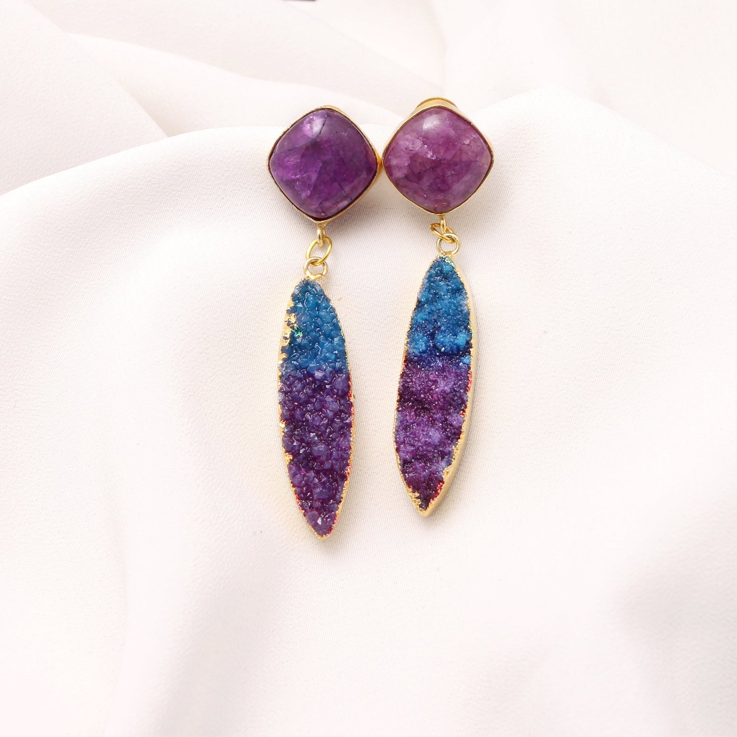 Blue Purple Druzy Gold Plated Brass Earring GemsRush