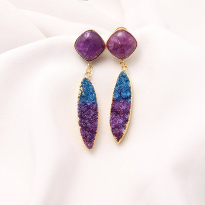 Blue Purple Druzy Gold Plated Brass Earring GemsRush