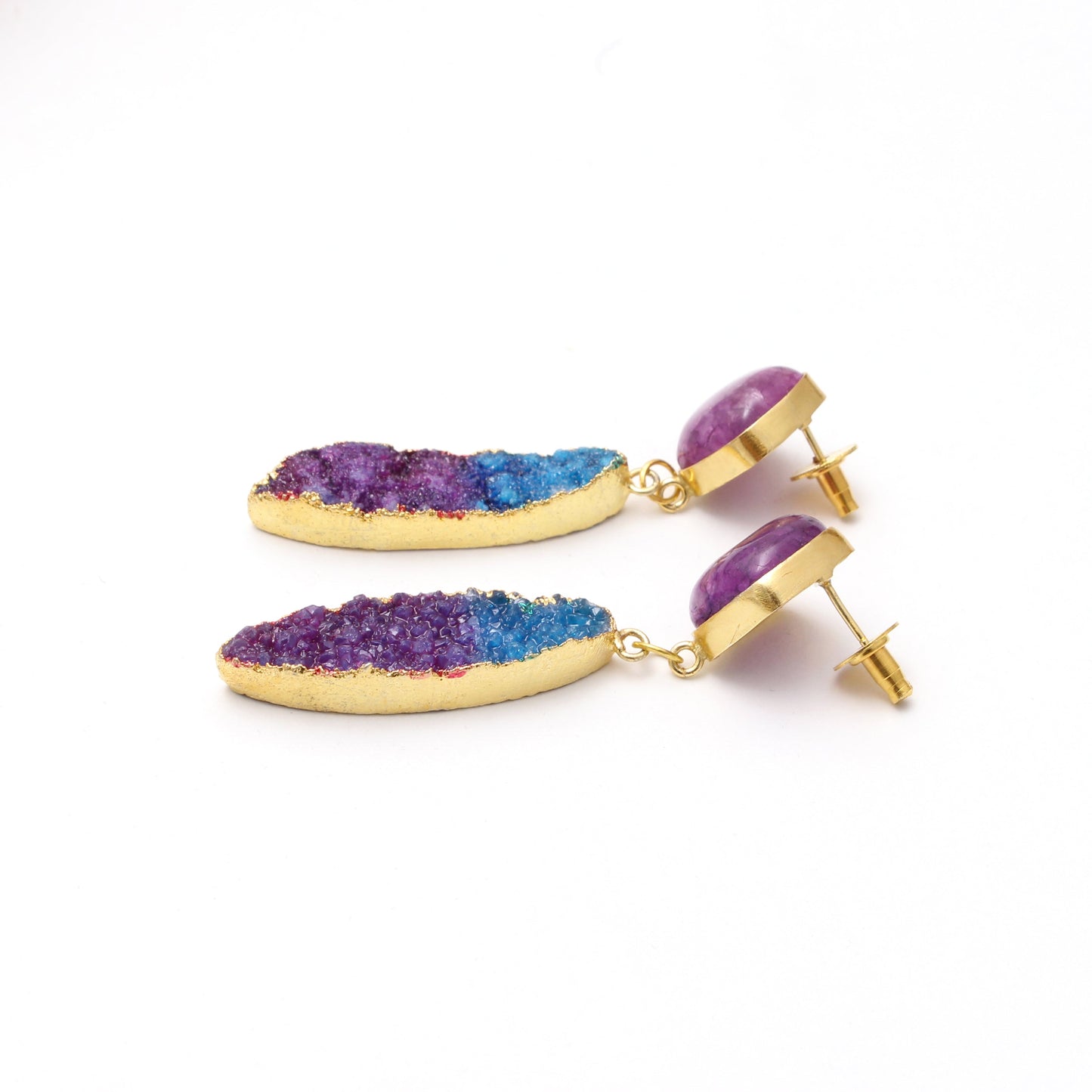 Blue Purple Druzy Gold Plated Brass Earring GemsRush