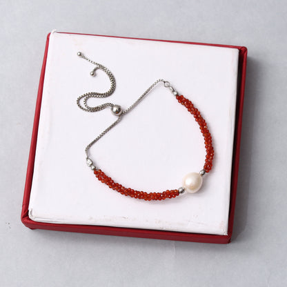 Carnelian/Pearl Twist Layer Silver Bracelet ( Bolo Chain ) GemsRush