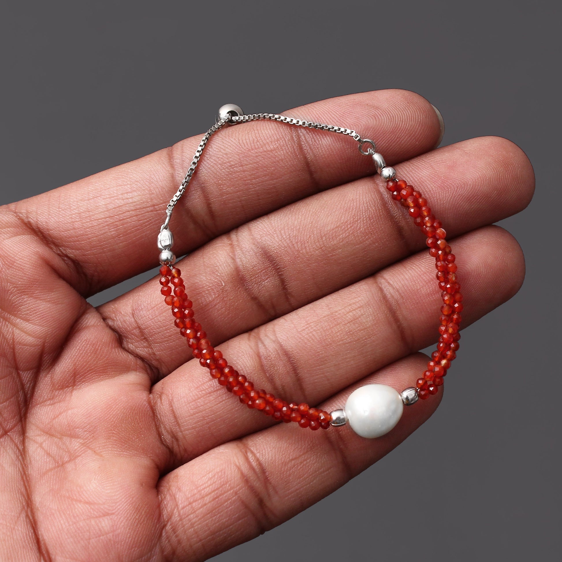 Carnelian/Pearl Twist Layer Silver Bracelet ( Bolo Chain ) GemsRush