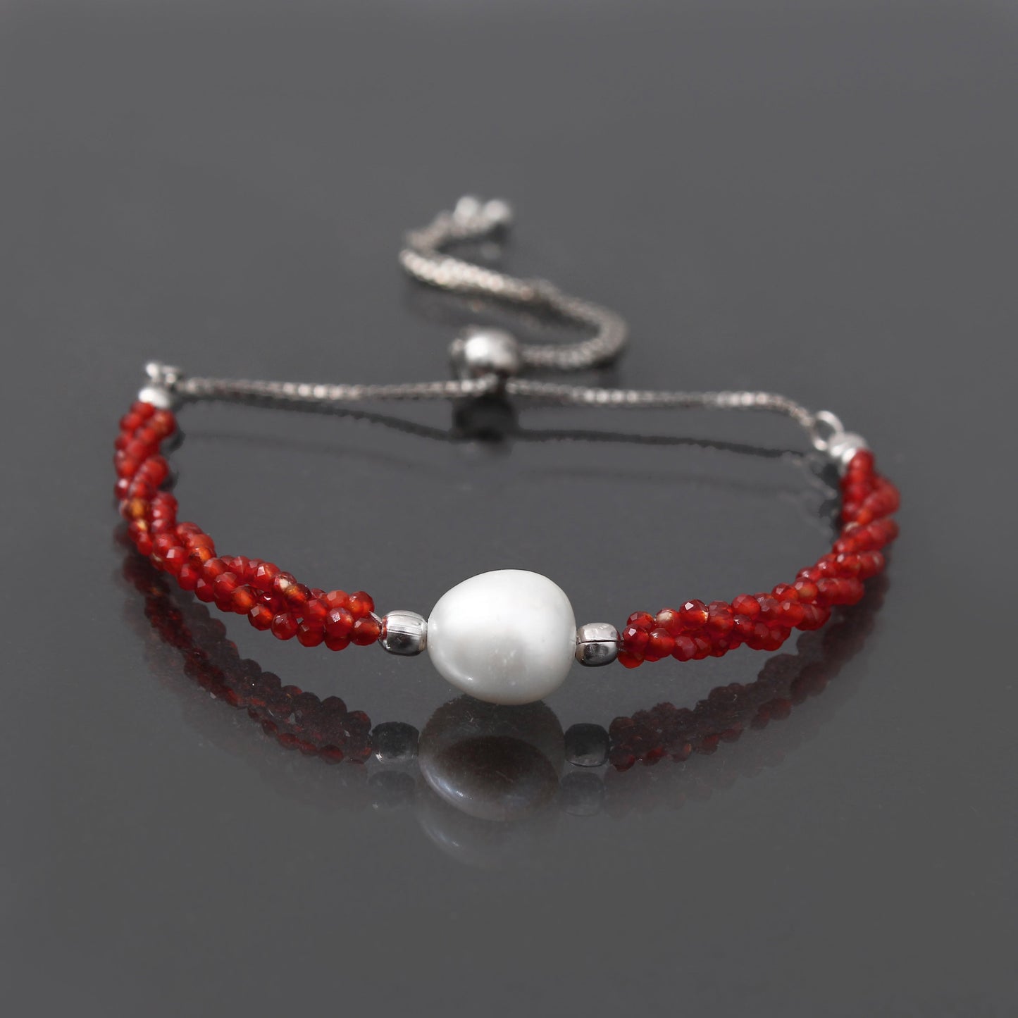 Carnelian/Pearl Twist Layer Silver Bracelet ( Bolo Chain ) GemsRush