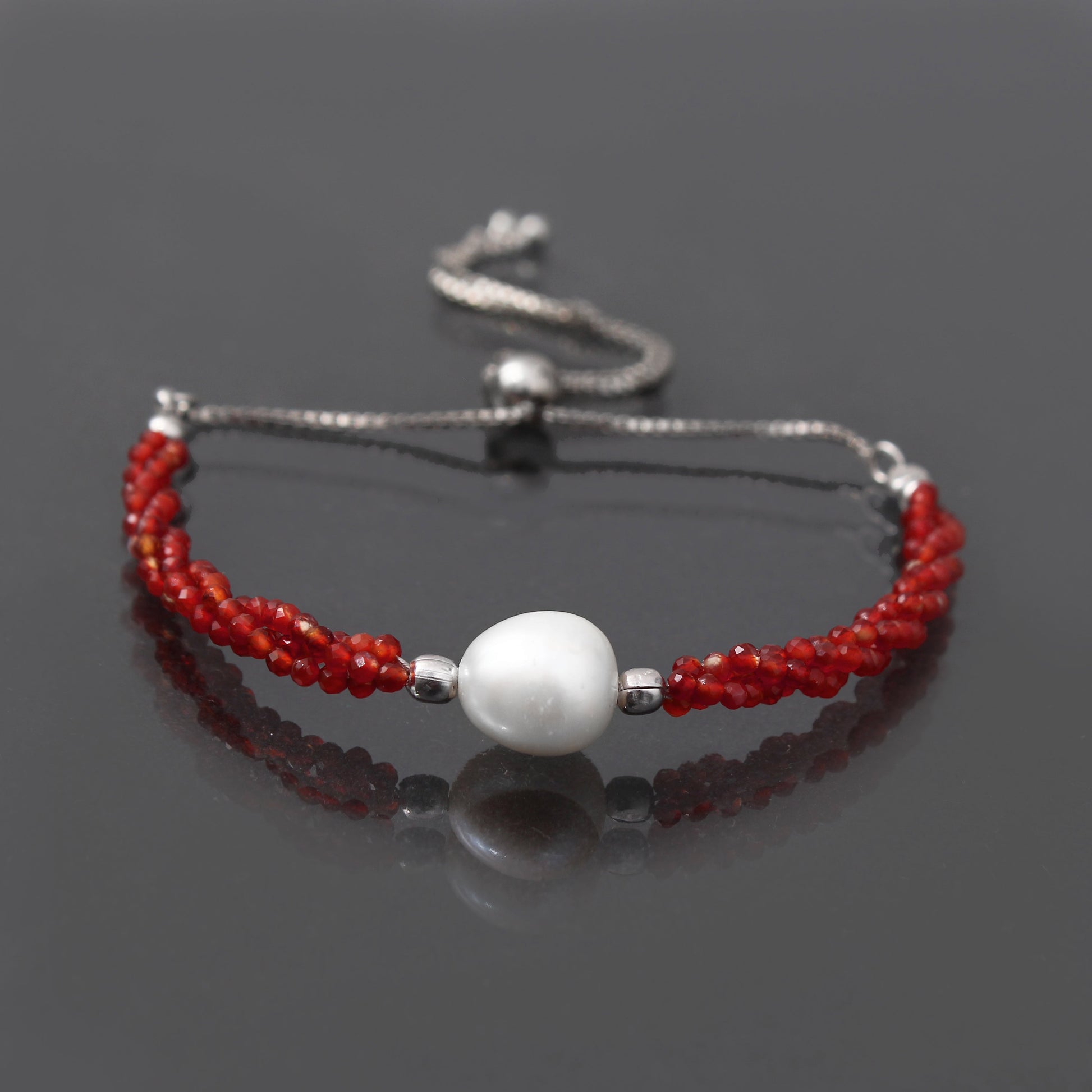 Carnelian/Pearl Twist Layer Silver Bracelet ( Bolo Chain ) GemsRush