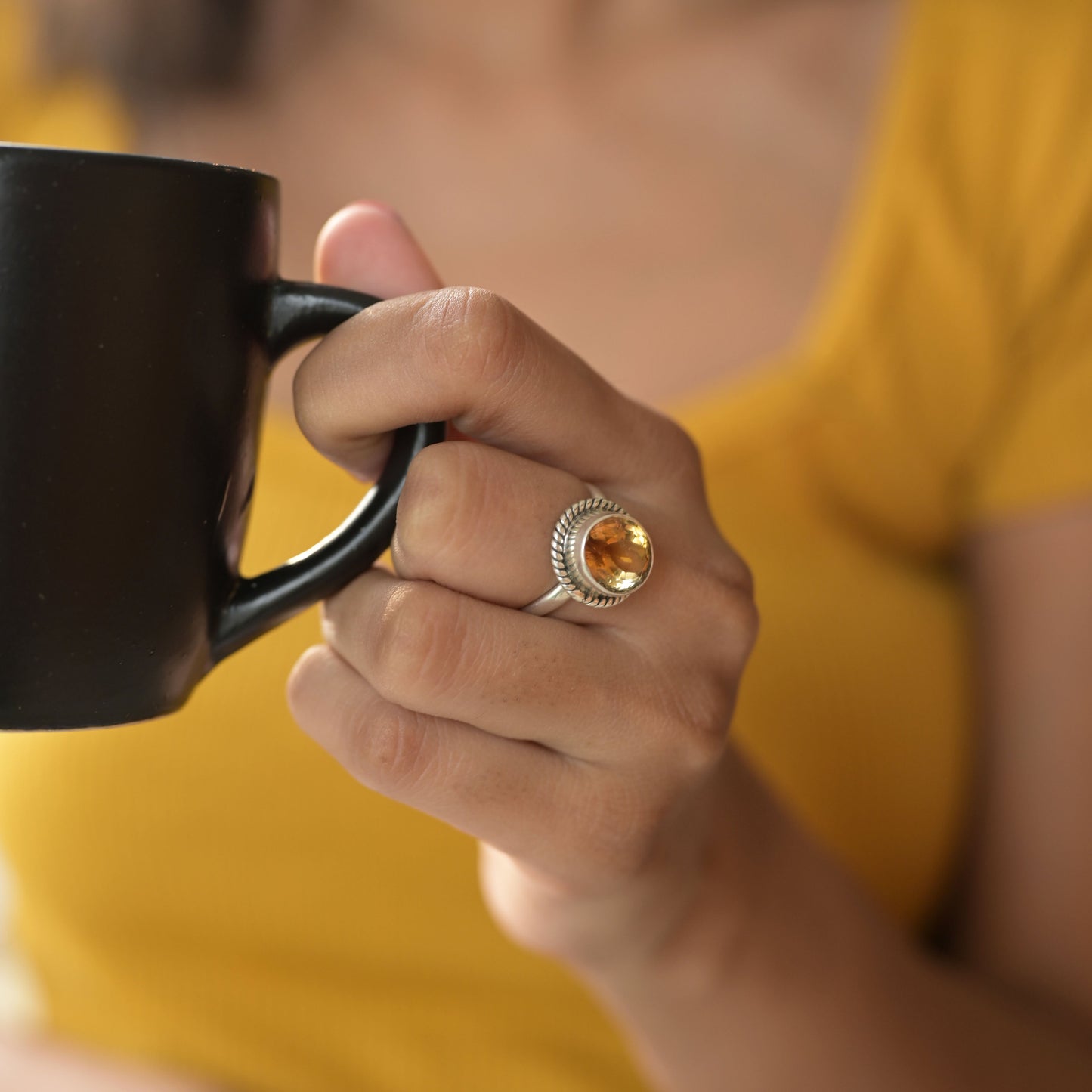 Statement Gold Citrine Silver Ring ( 7 US Ring Size )