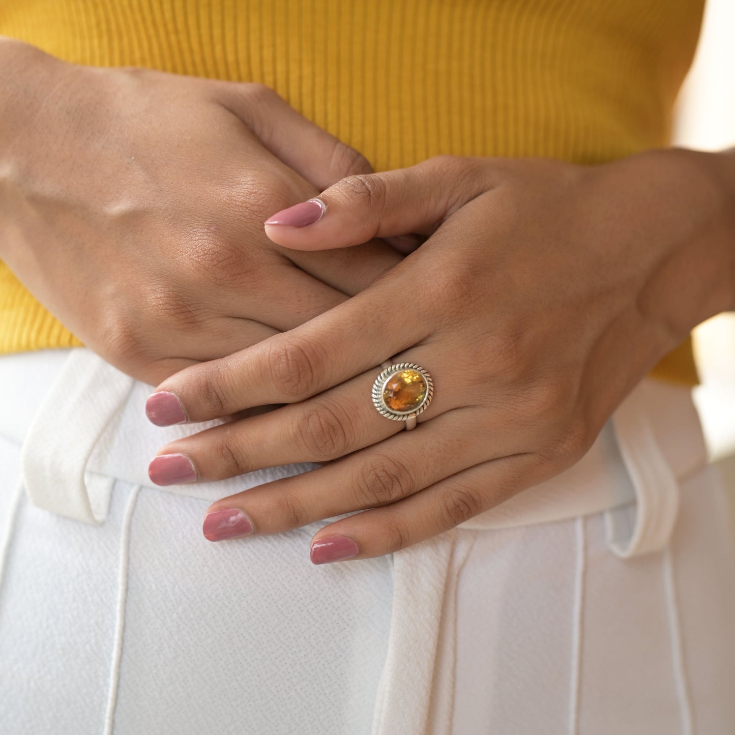 Statement Gold Citrine Silver Ring ( 7 US Ring Size )