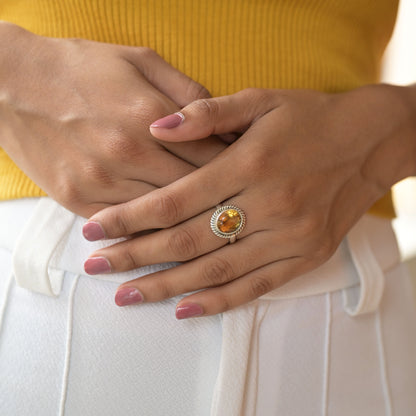 Statement Gold Citrine Silver Ring ( 7 US Ring Size )