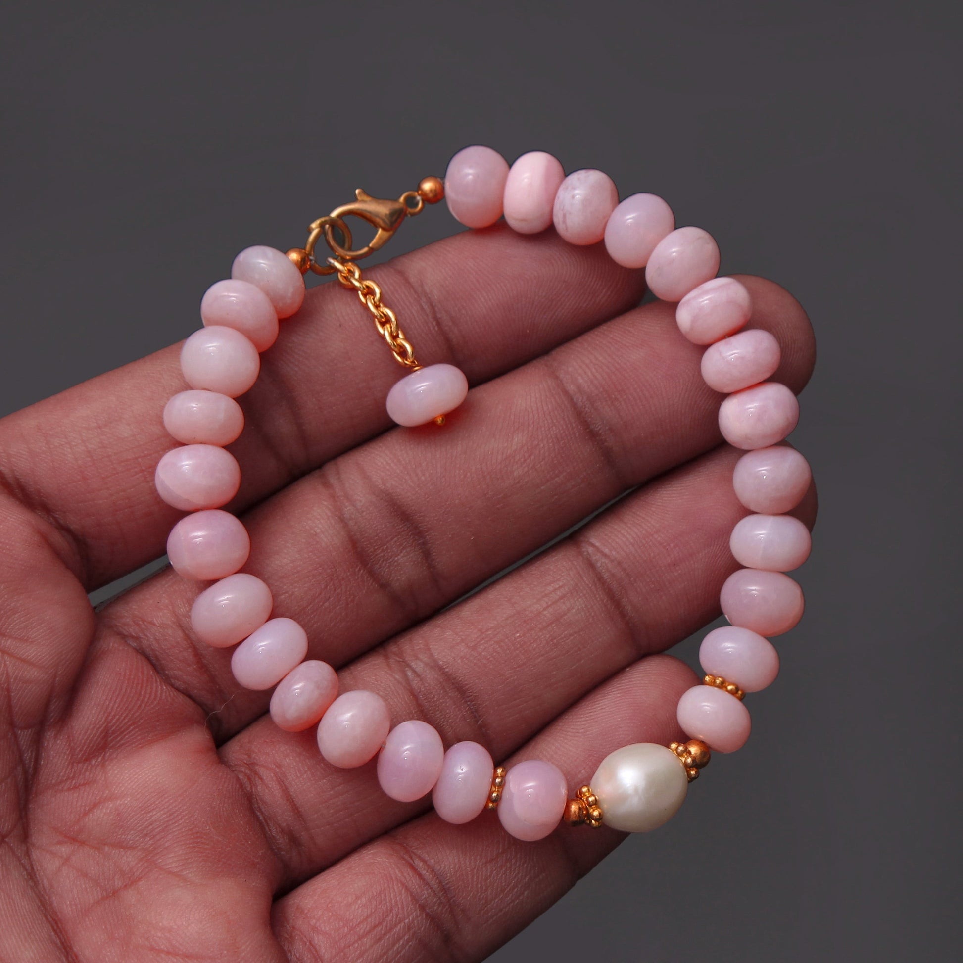 Elegant Pink Opal Gold Plated Chain Bracelet: Delight In Charming Smooth Gemstone Beads GemsRush