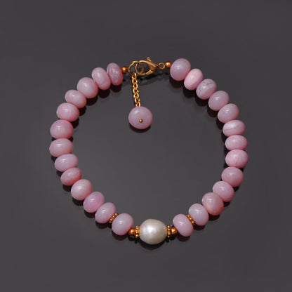 Elegant Pink Opal Gold Plated Chain Bracelet: Delight In Charming Smooth Gemstone Beads GemsRush