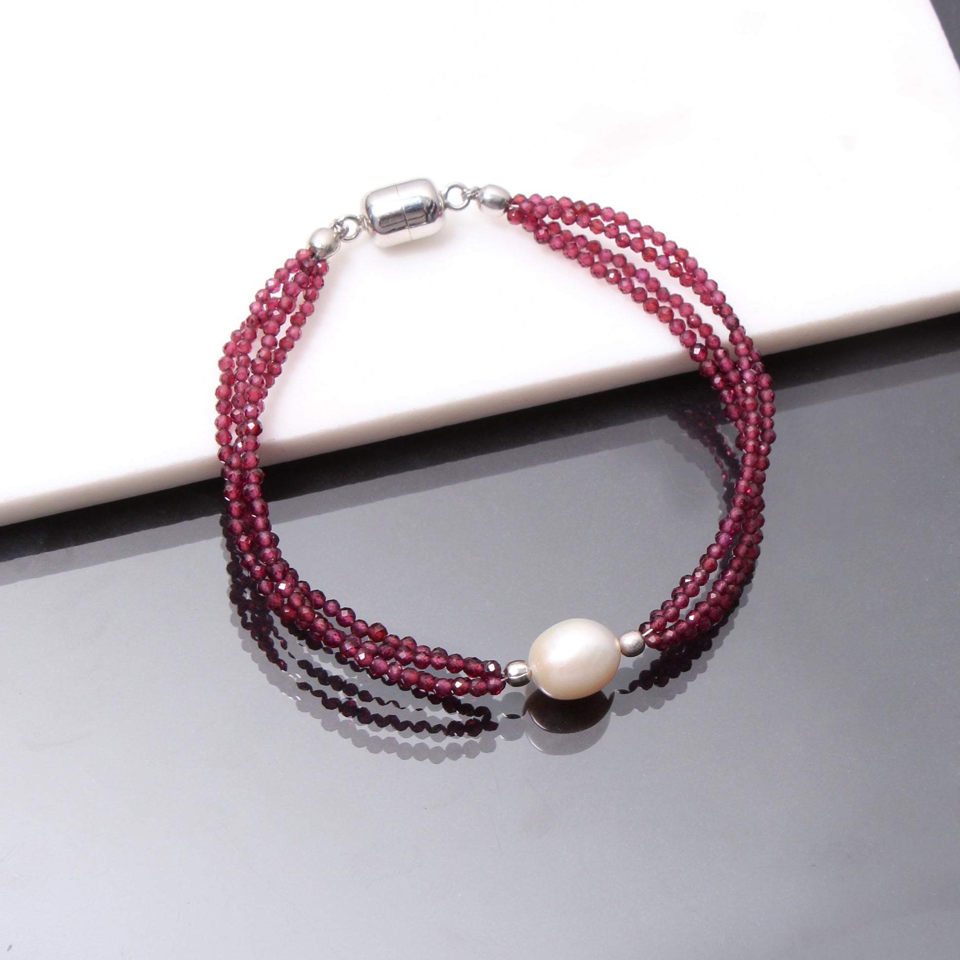 Garnet and Freshwater Pearl Beads Silver Bracelet With Magnetic Lock GemsRush