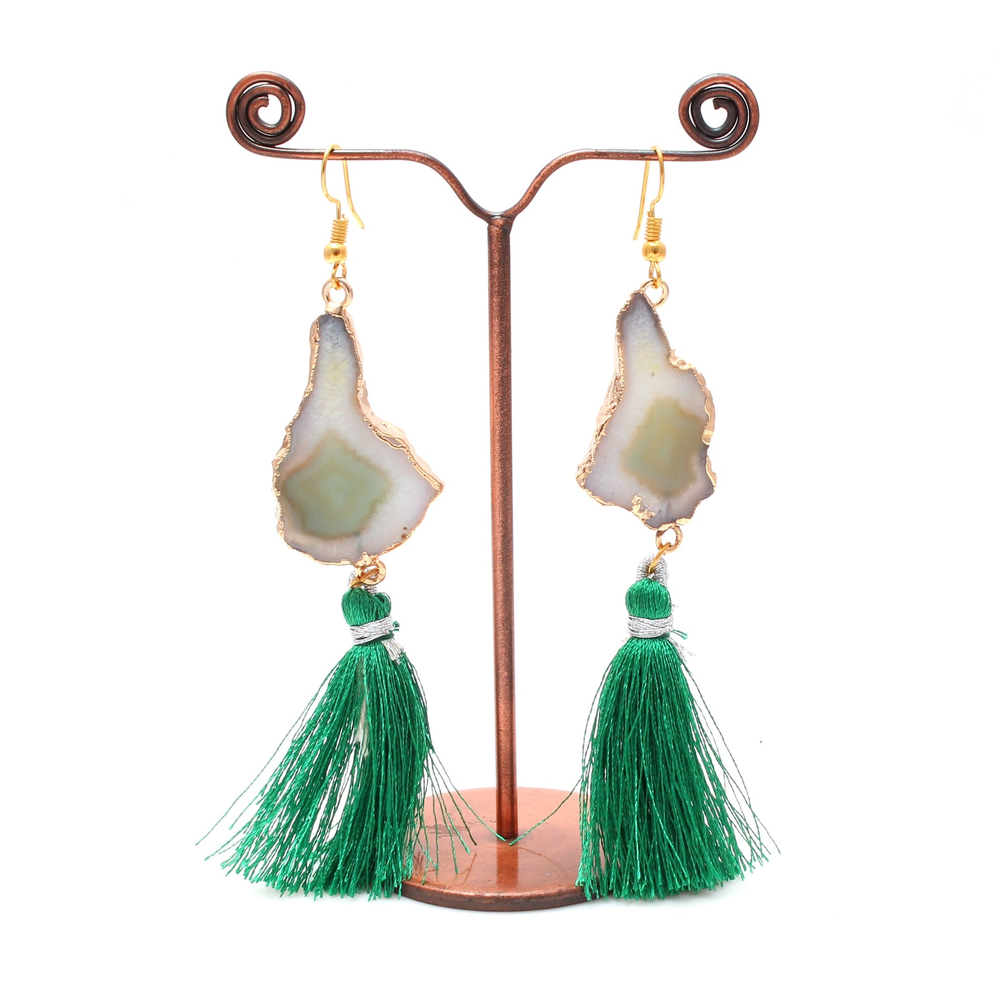 Green Druzy Uncut Brass Earring With Silk Tassel GemsRush