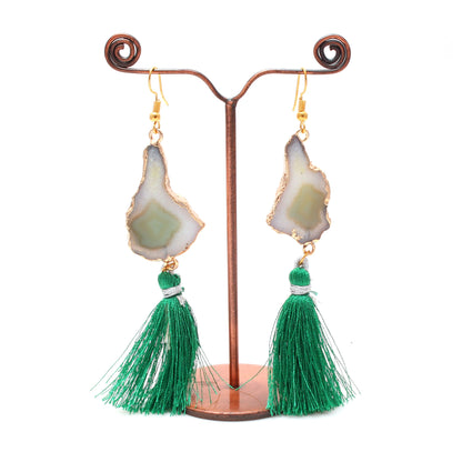 Green Druzy Uncut Brass Earring With Silk Tassel GemsRush