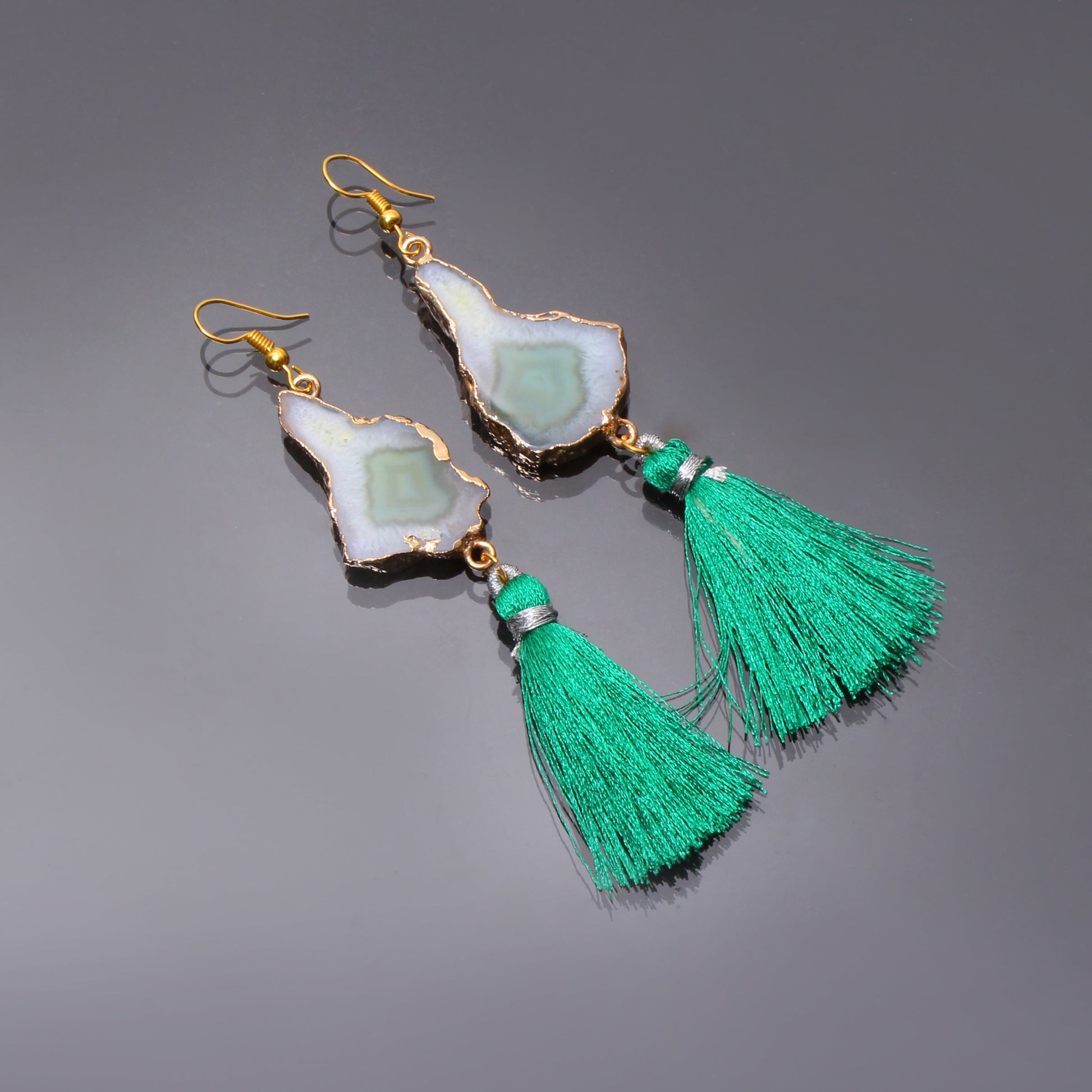 Green Druzy Uncut Brass Earring With Silk Tassel GemsRush