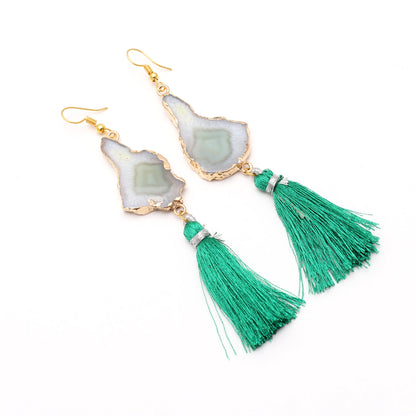 Green Druzy Uncut Brass Earring With Silk Tassel GemsRush