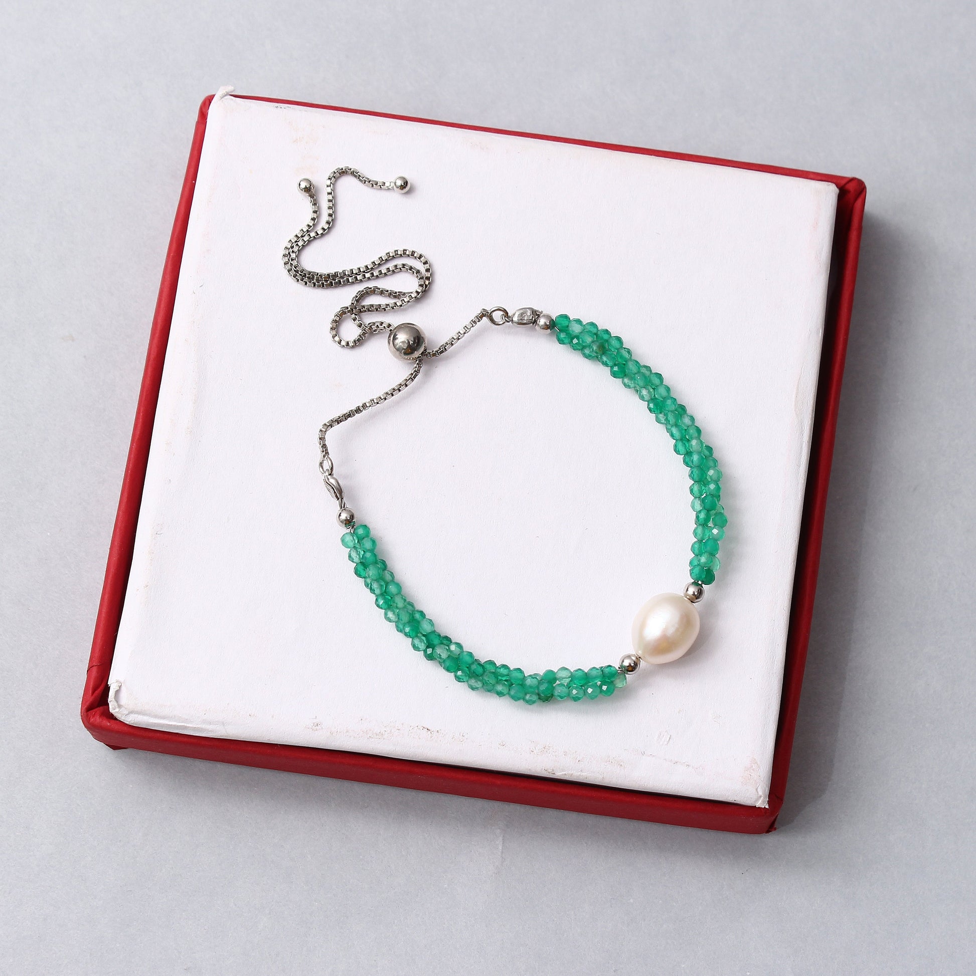 Green Onyx /Pearl Twist Layer Silver Bracelet ( Bolo Chain ) GemsRush