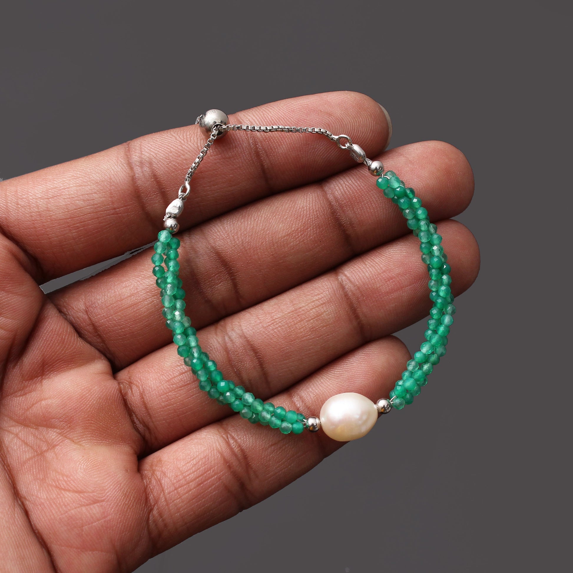 Green Onyx /Pearl Twist Layer Silver Bracelet ( Bolo Chain ) GemsRush