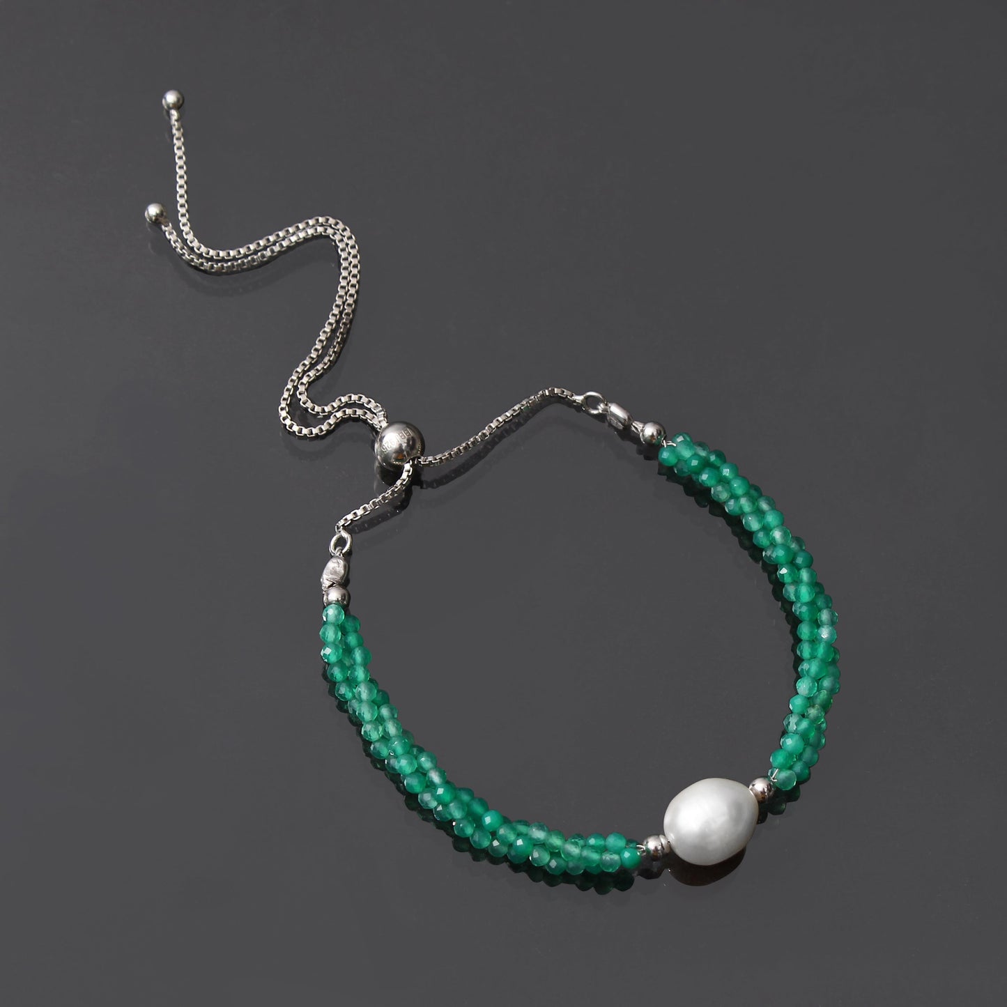 Green Onyx /Pearl Twist Layer Silver Bracelet ( Bolo Chain ) GemsRush