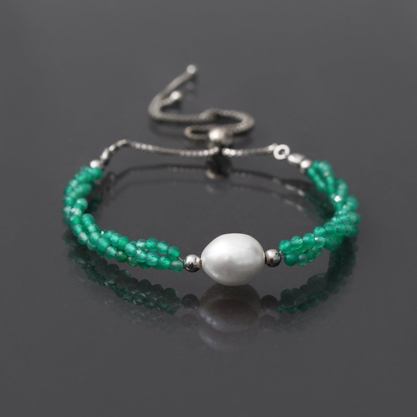 Green Onyx /Pearl Twist Layer Silver Bracelet ( Bolo Chain ) GemsRush