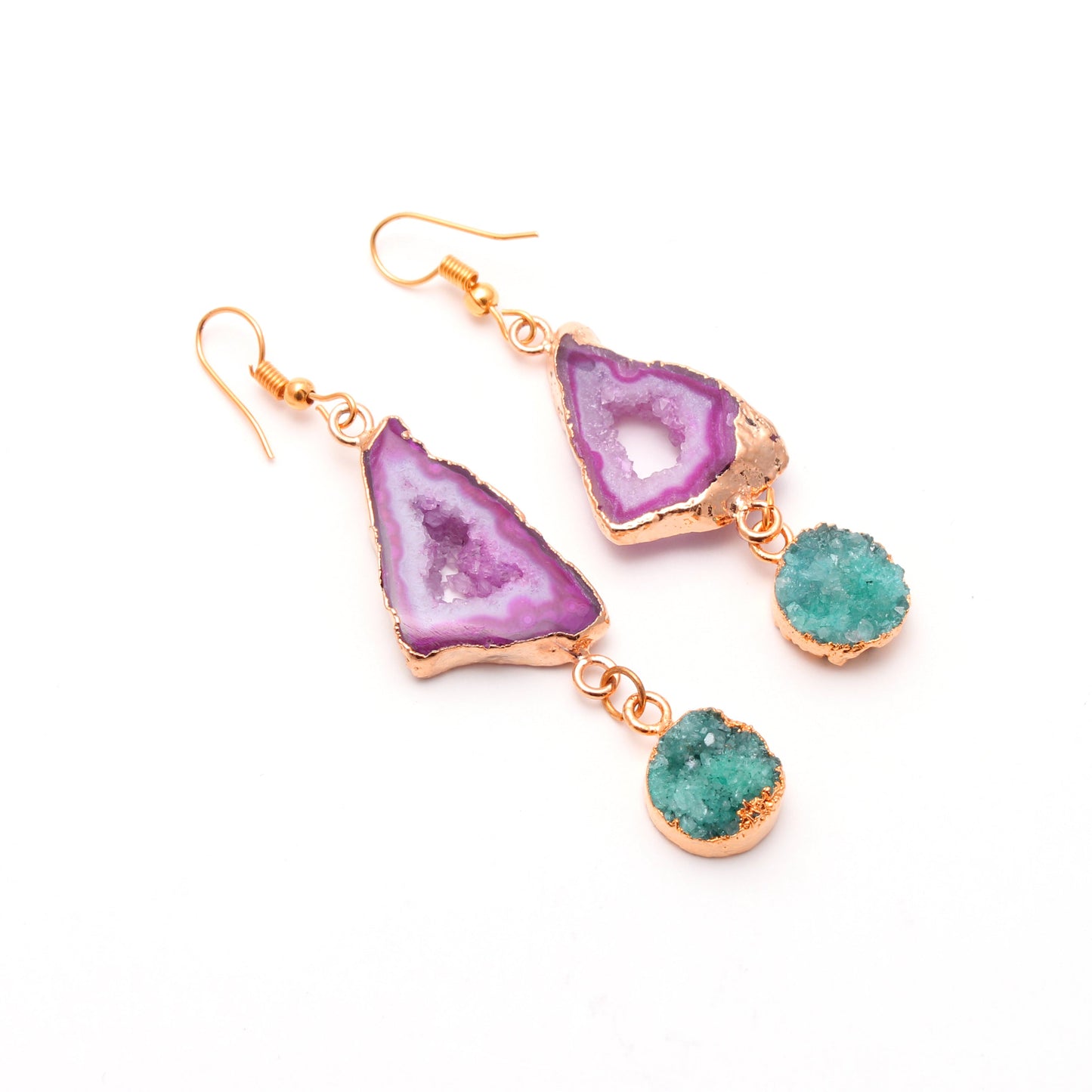 Green Pink Druzy Dangle Brass Earring GemsRush