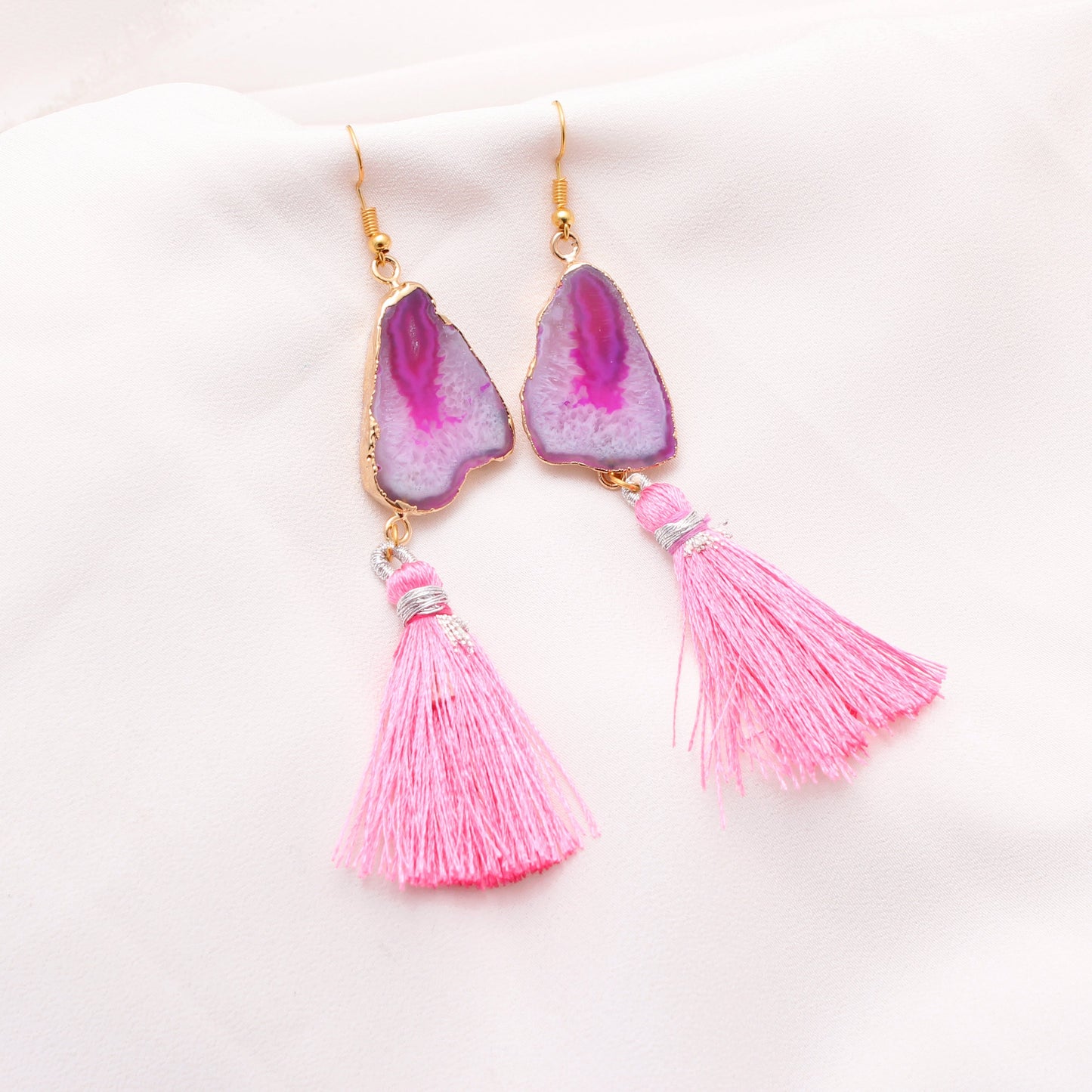 Hollyhock Pink Slice Gold Druzy Brass Earring GemsRush