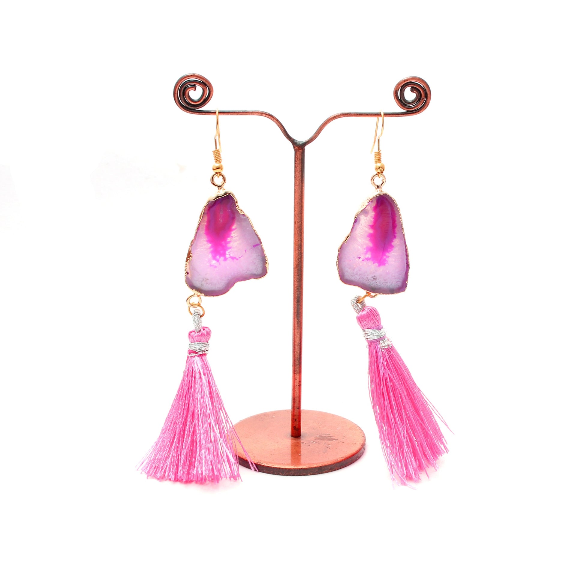 Hollyhock Pink Slice Gold Druzy Brass Earring GemsRush