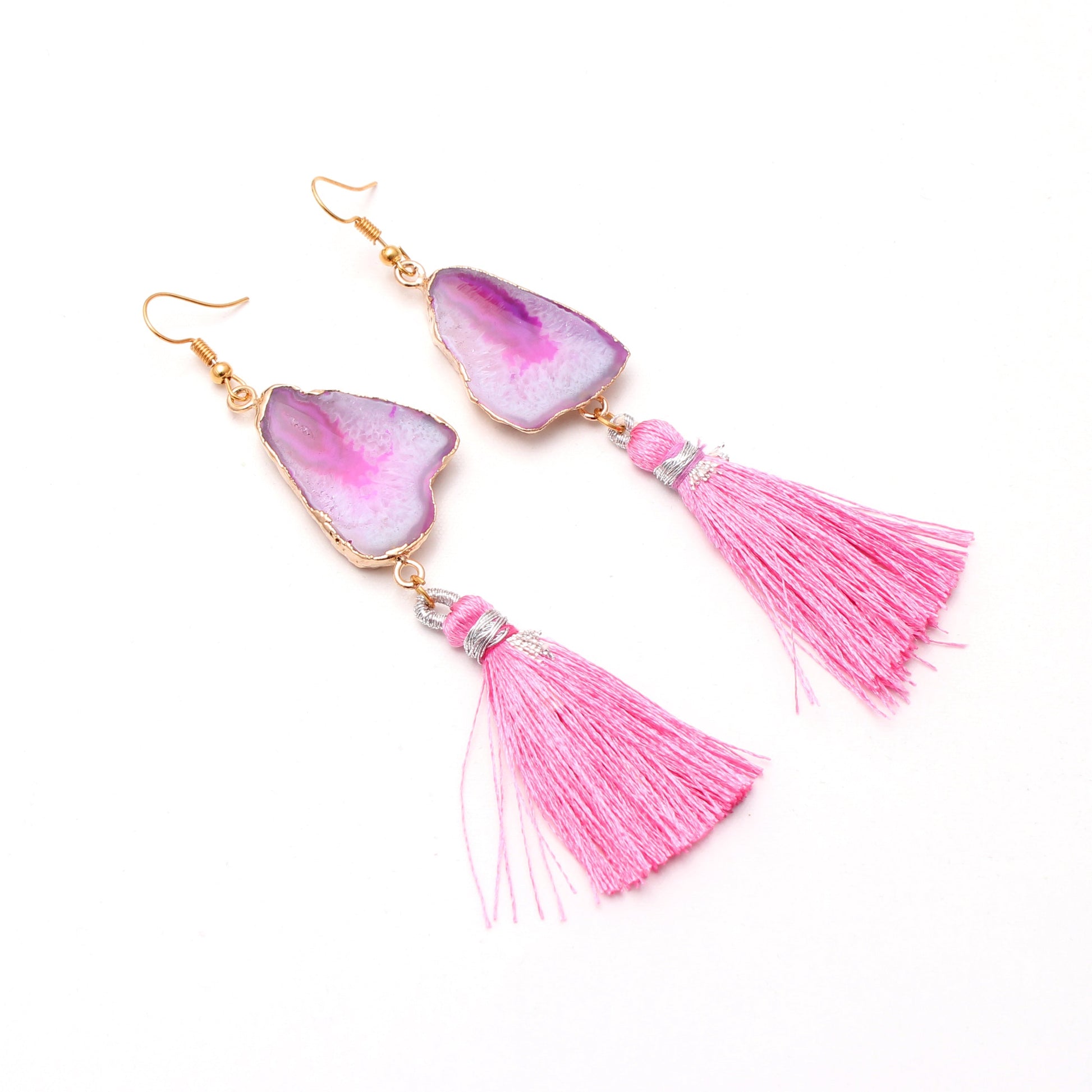 Hollyhock Pink Slice Gold Druzy Brass Earring GemsRush