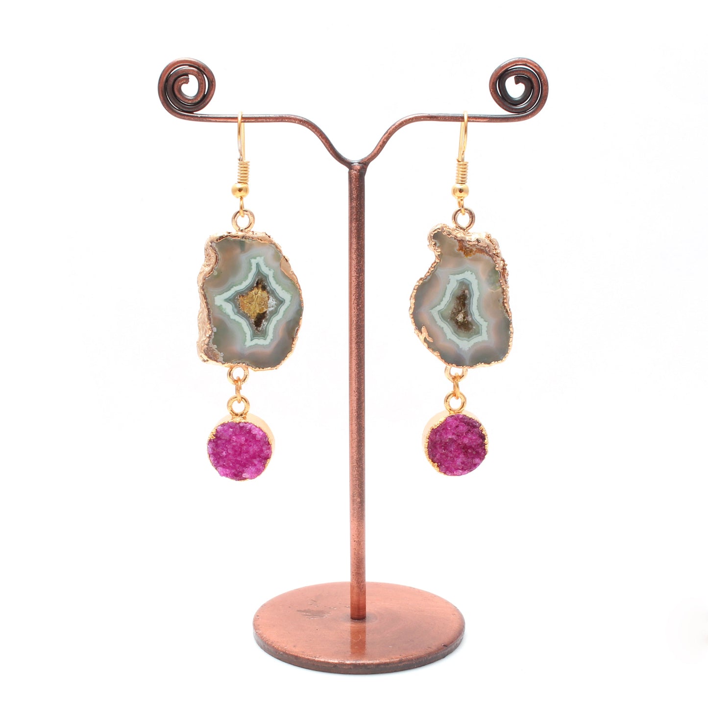 Hot Green Pink Druzy Slice Brass Earrings GemsRush