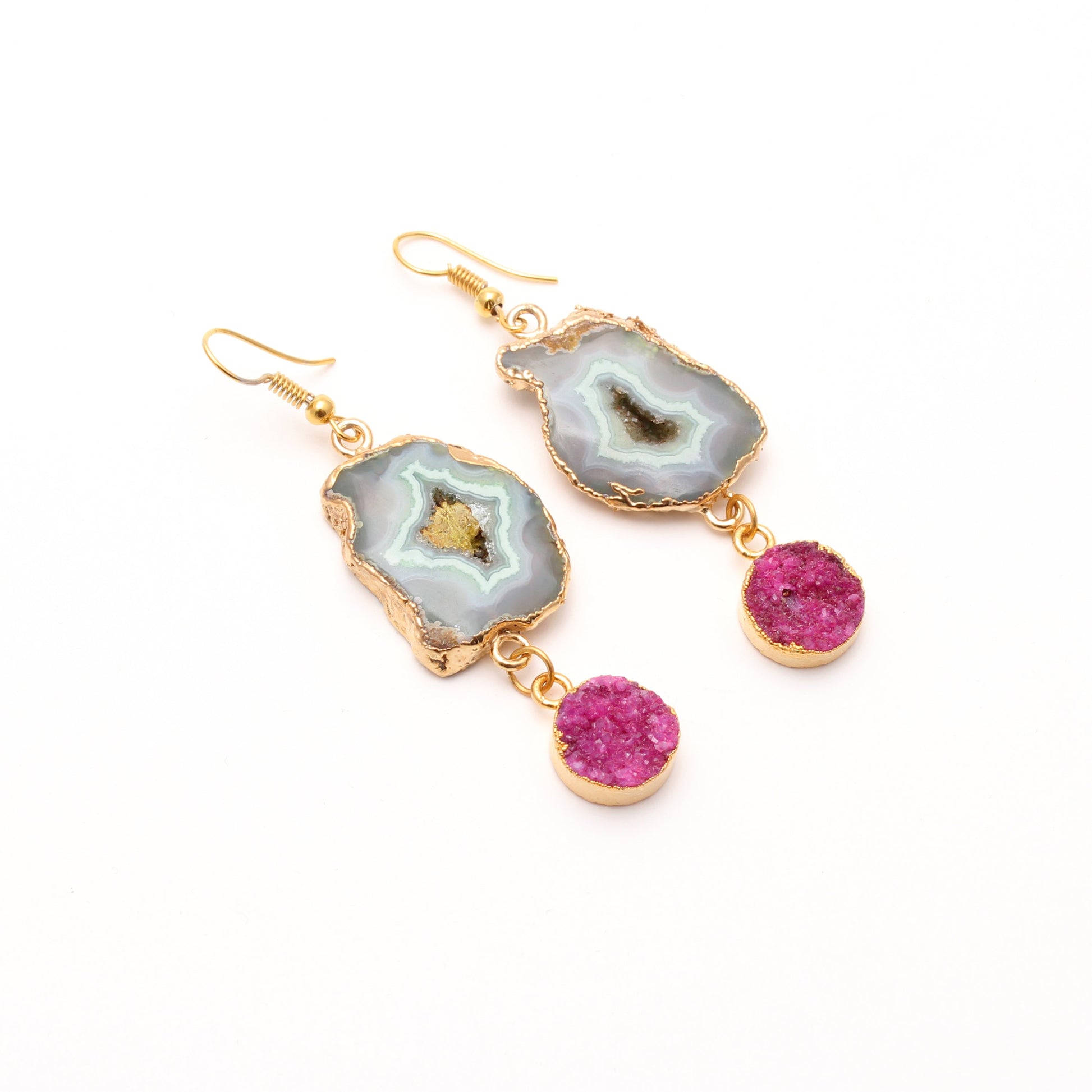 Hot Green Pink Druzy Slice Brass Earrings GemsRush