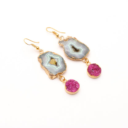 Hot Green Pink Druzy Slice Brass Earrings GemsRush