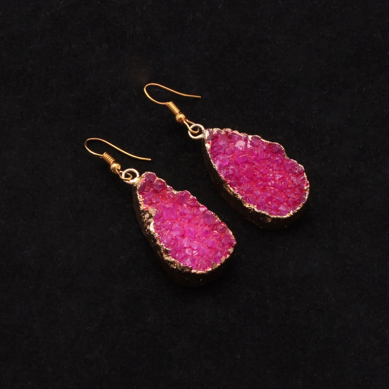 Hot Pink Druzy Brass Earrings GemsRush