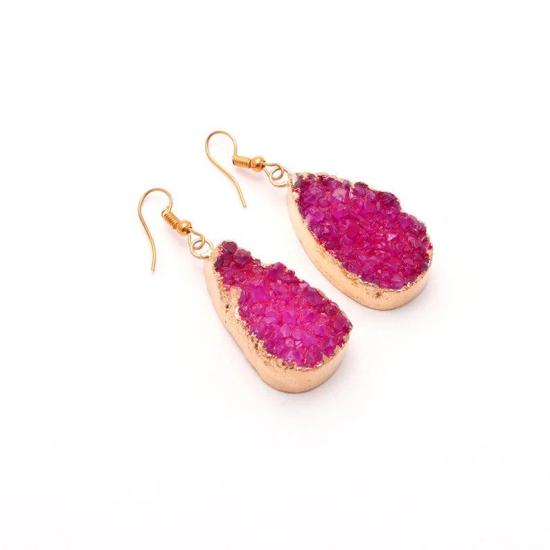 Hot Pink Druzy Brass Earrings GemsRush