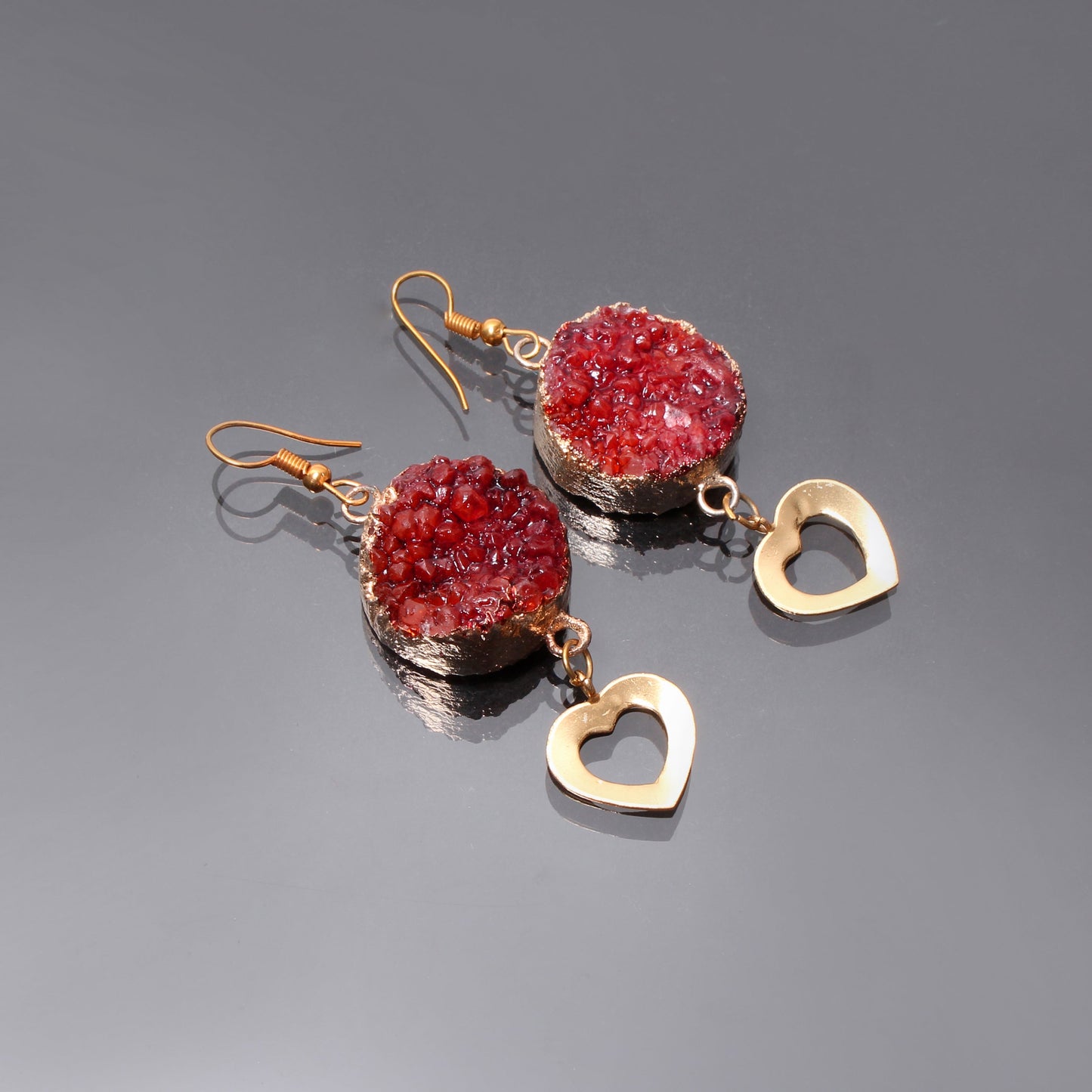 Hot Red Druzy Dangle Brass Earrings With Heart GemsRush