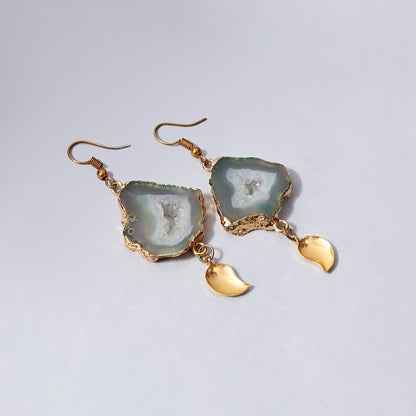 Beautiful Green Druzy Hanging Dangle Earring with Gold Plated Silver Charm | On Sale