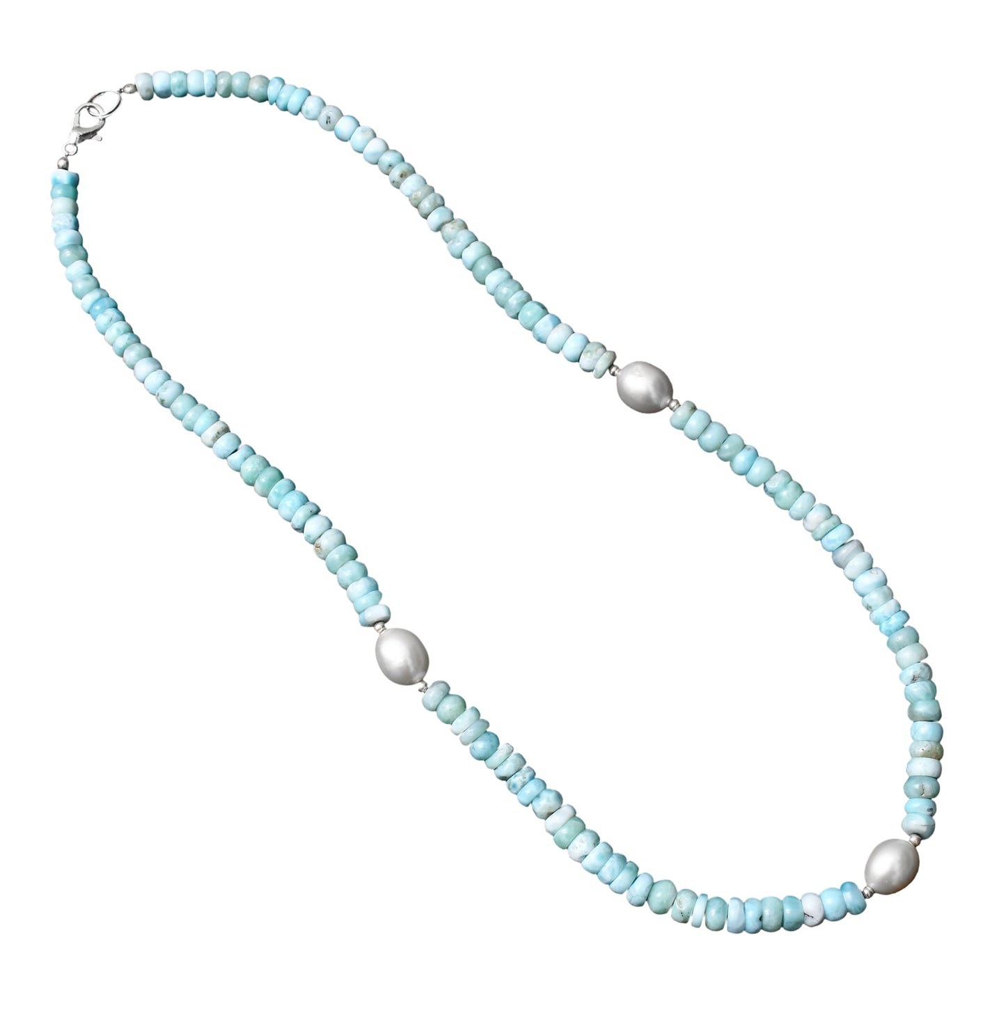 Larimar / Pearl Beaded Necklace , Two Stone Beautiful Charm Beaded Necklace ,Natural Gemstone Silver Necklace . GemsRush