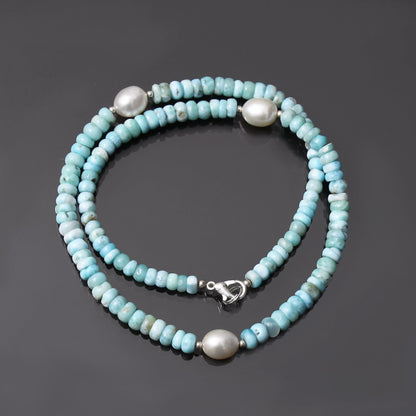 Larimar / Pearl Beaded Necklace , Two Stone Beautiful Charm Beaded Necklace ,Natural Gemstone Silver Necklace . GemsRush