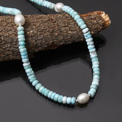 Larimar / Pearl Beaded Necklace , Two Stone Beautiful Charm Beaded Necklace ,Natural Gemstone Silver Necklace . GemsRush