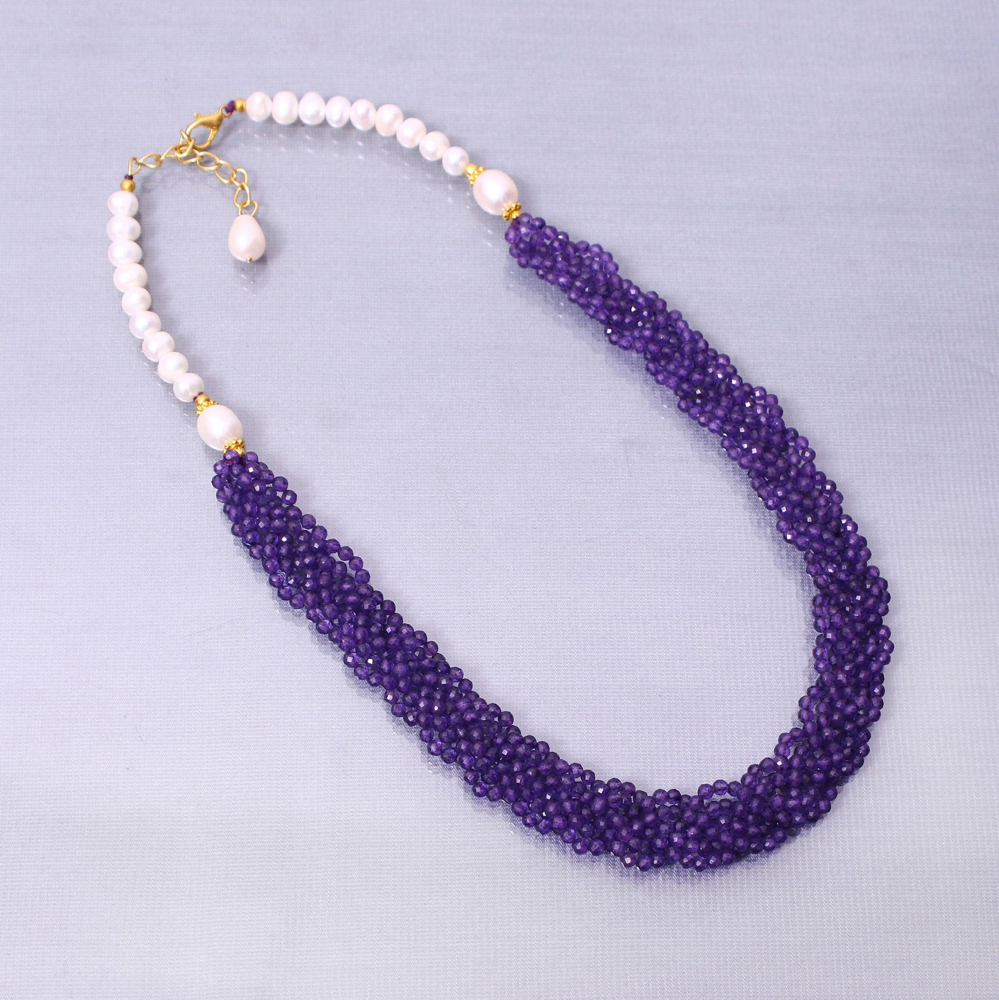 Luxurious Hand Woven Amethyst Pearl Necklace with Sterling Silver Gold Plated Chain