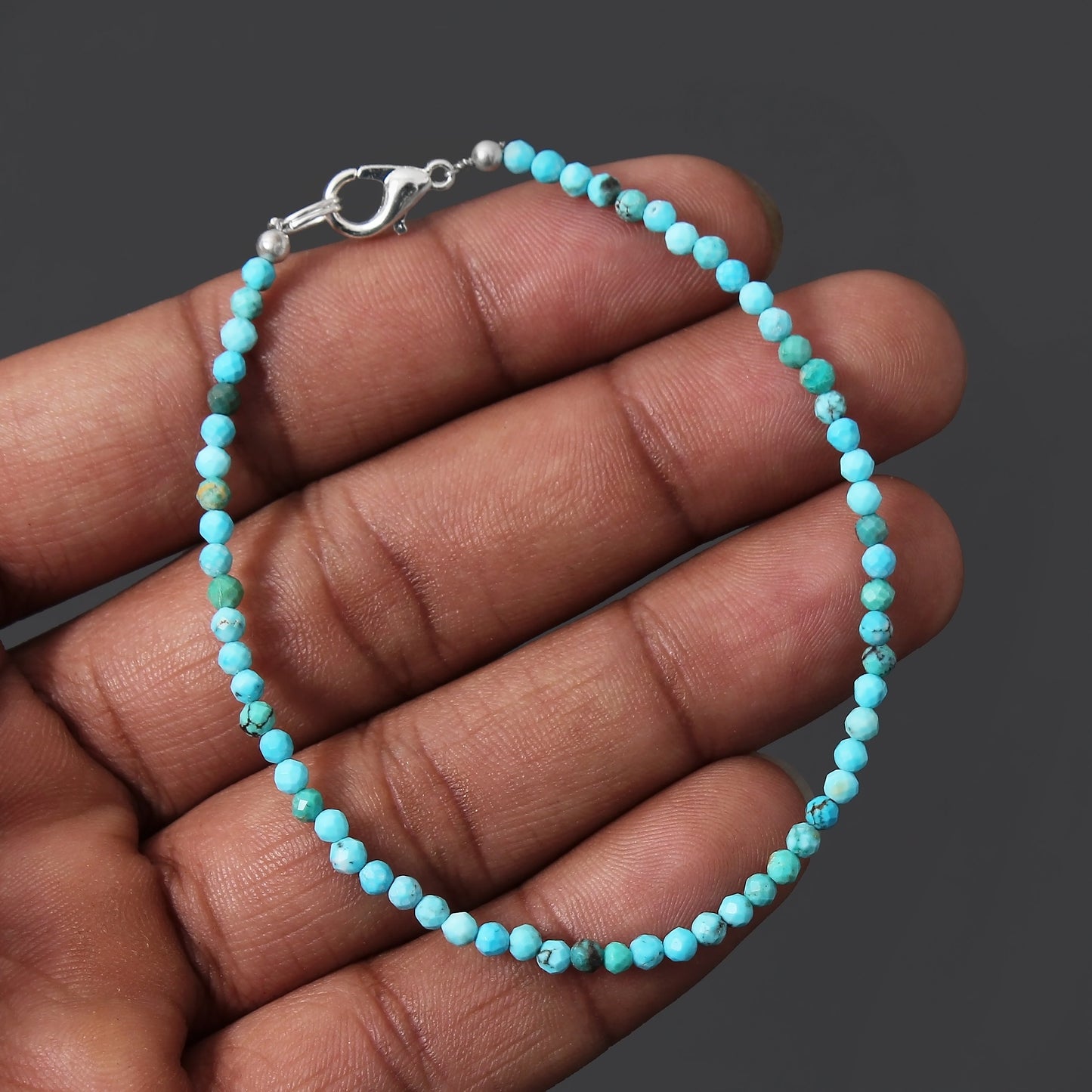 Natural 3mm Turquoise Beads Bracelet With Solid 925 Sterling Silver Lobster Lock GemsRush