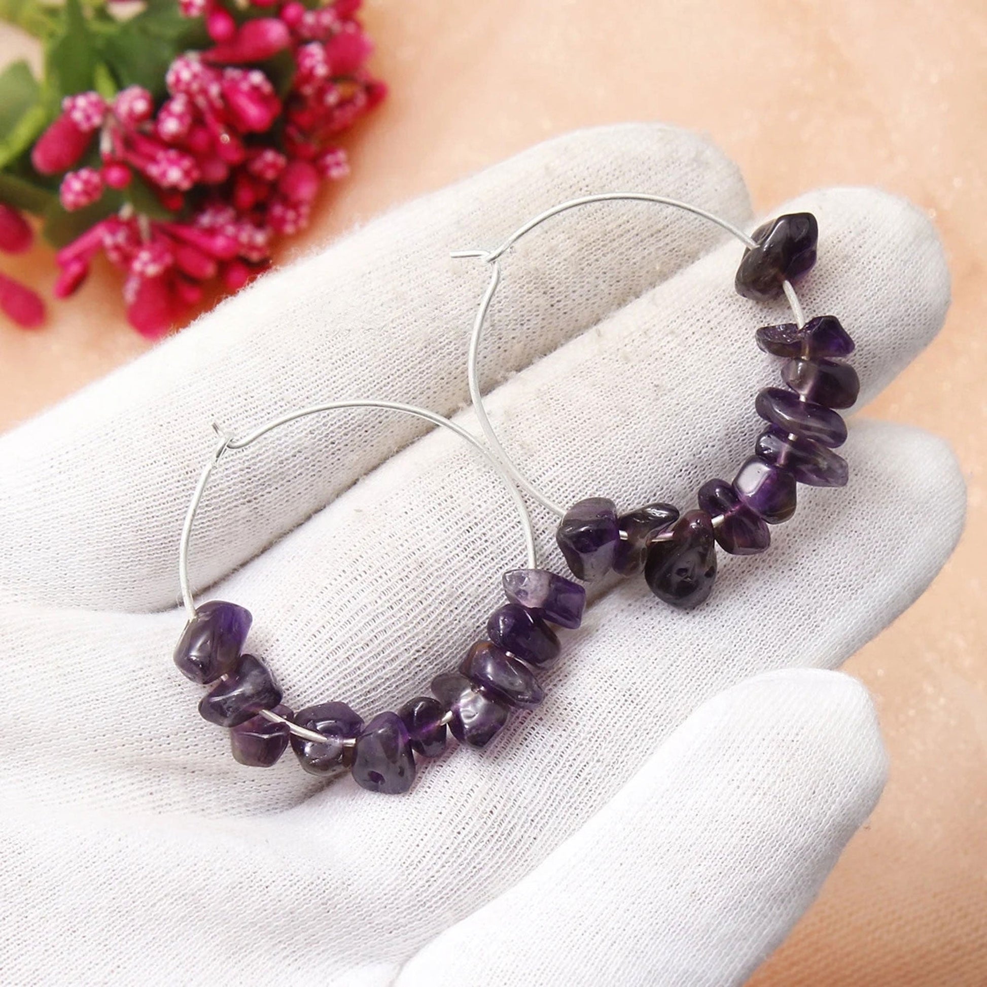 Natural Amethyst Gemstone Silver Hoop Earring GemsRush