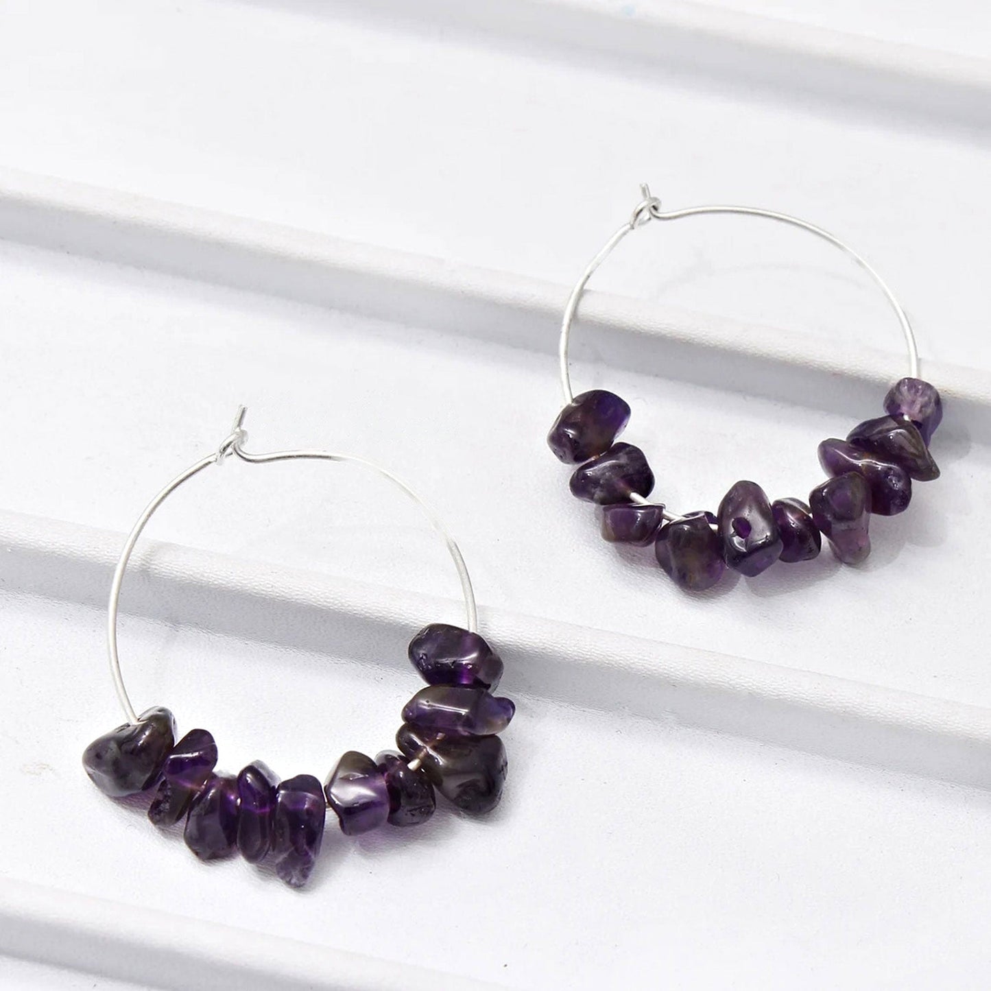 Natural Amethyst Gemstone Silver Hoop Earring GemsRush