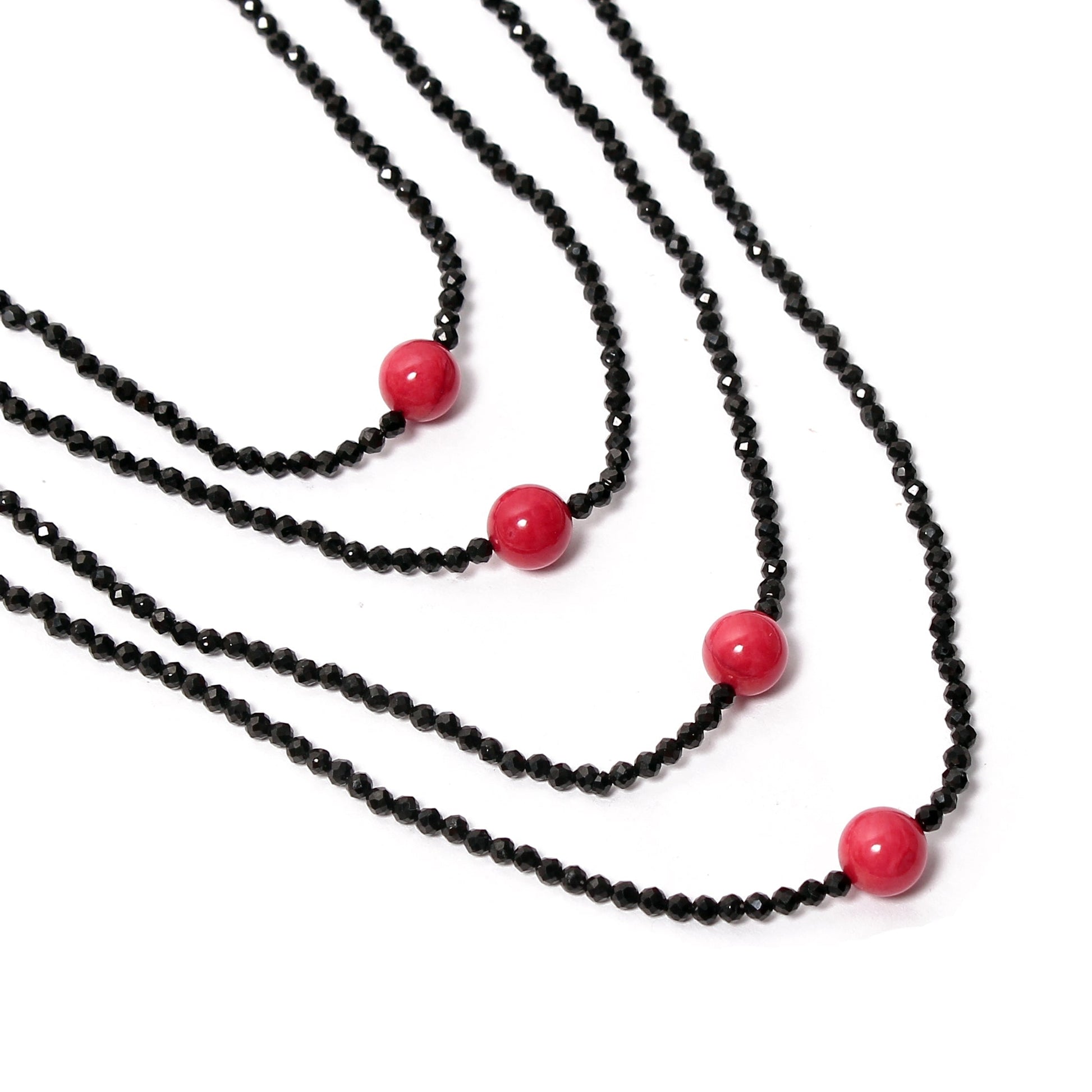 Natural Black Spinel & Red Coral Faceted Rondelle Smooth Necklace , Gift for women. GemsRush