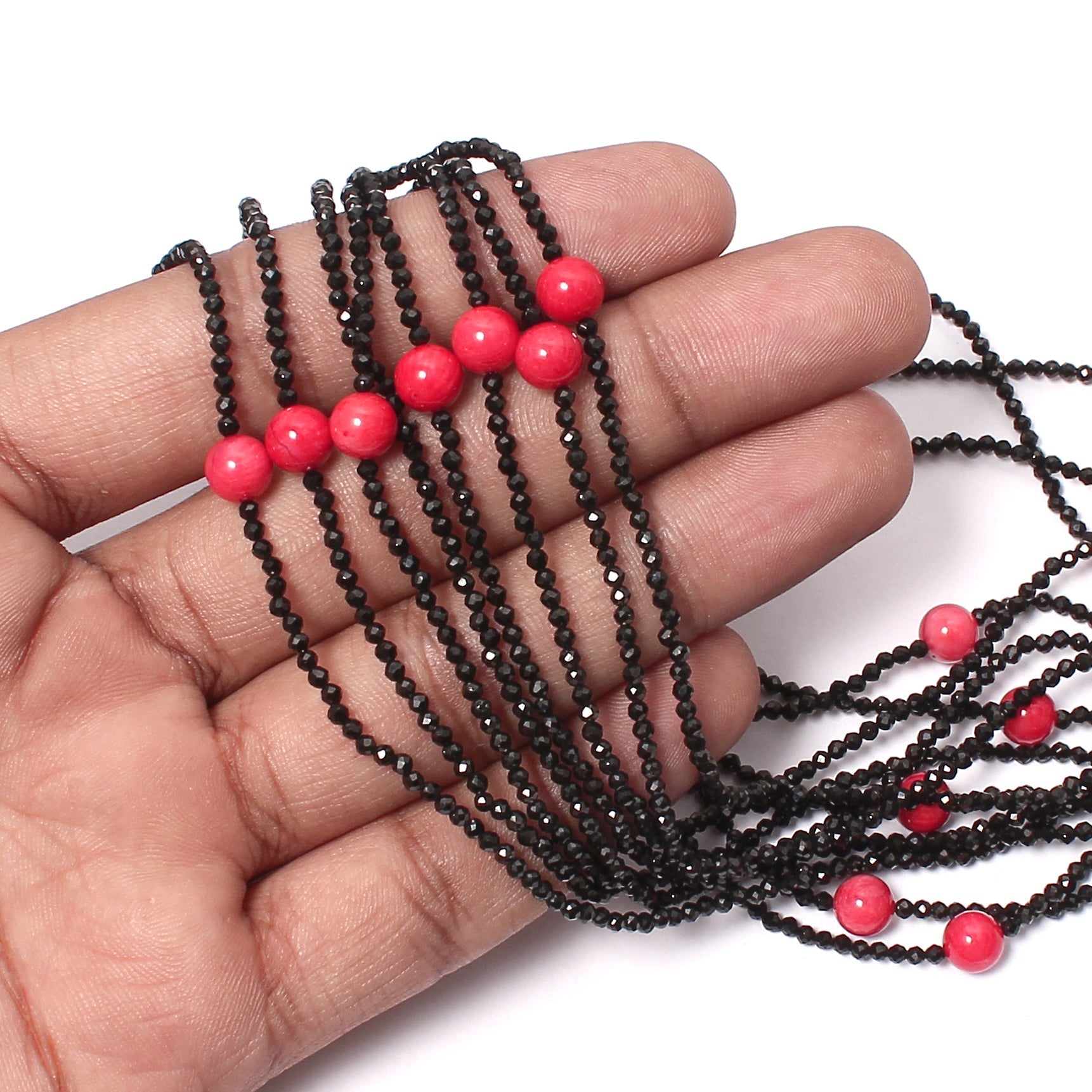 Natural Black Spinel & Red Coral Faceted Rondelle Smooth Necklace , Gift for women. GemsRush