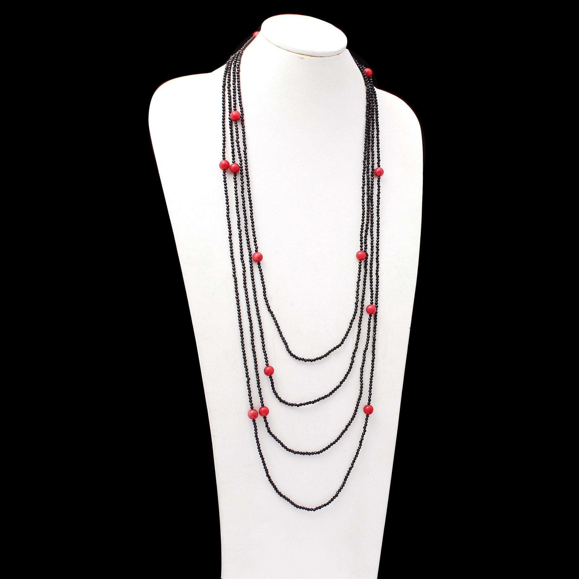 Natural Black Spinel & Red Coral Faceted Rondelle Smooth Necklace , Gift for women. GemsRush