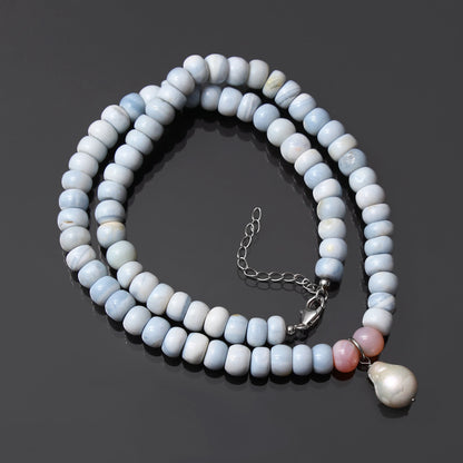 Natural Blue Opal / Pearl Beaded Necklace , Smooth Rondelle Beaded Necklace, Gift For Women. GemsRush