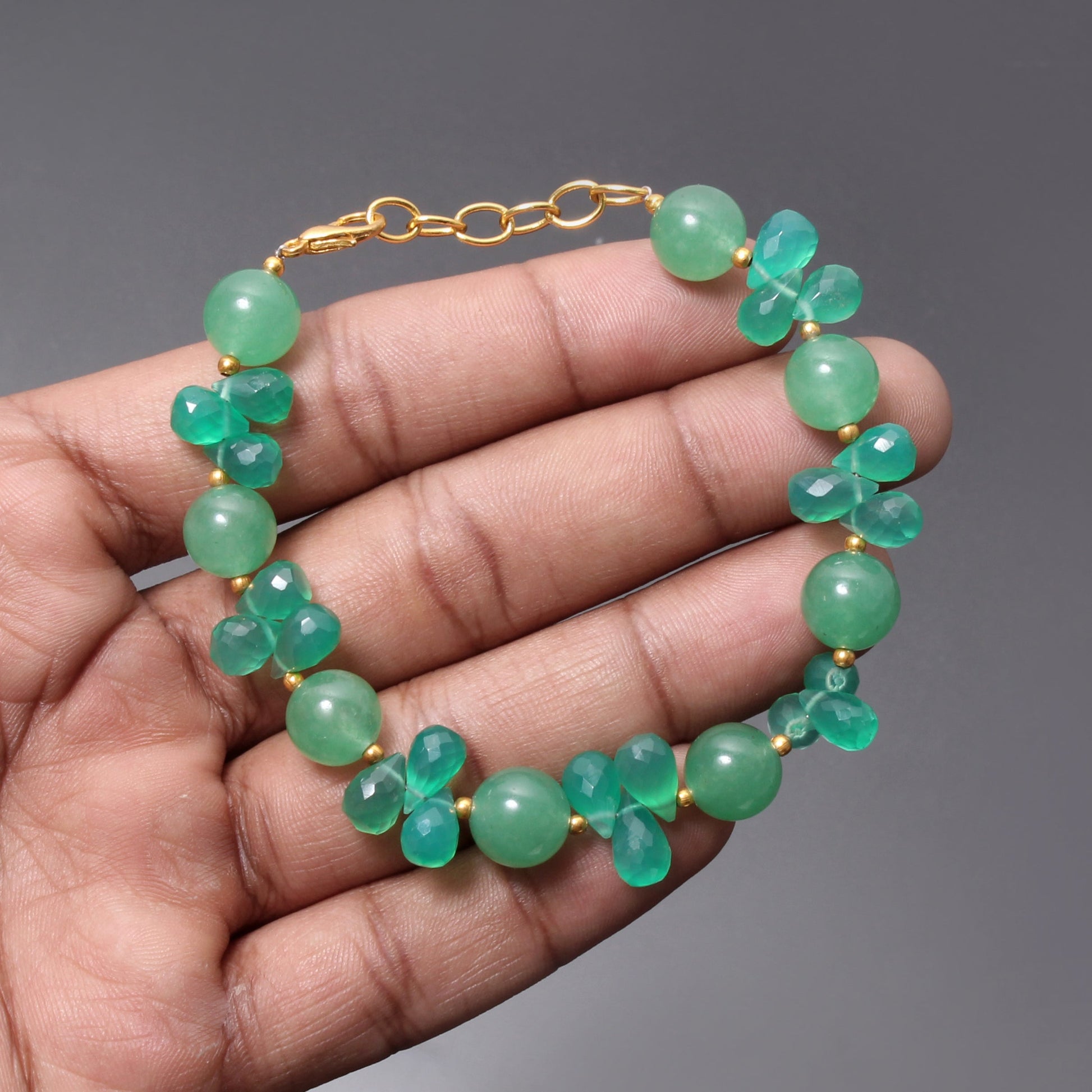 Natural Green Onyx Beaded Bracelet ( Gold Plated ) GemsRush