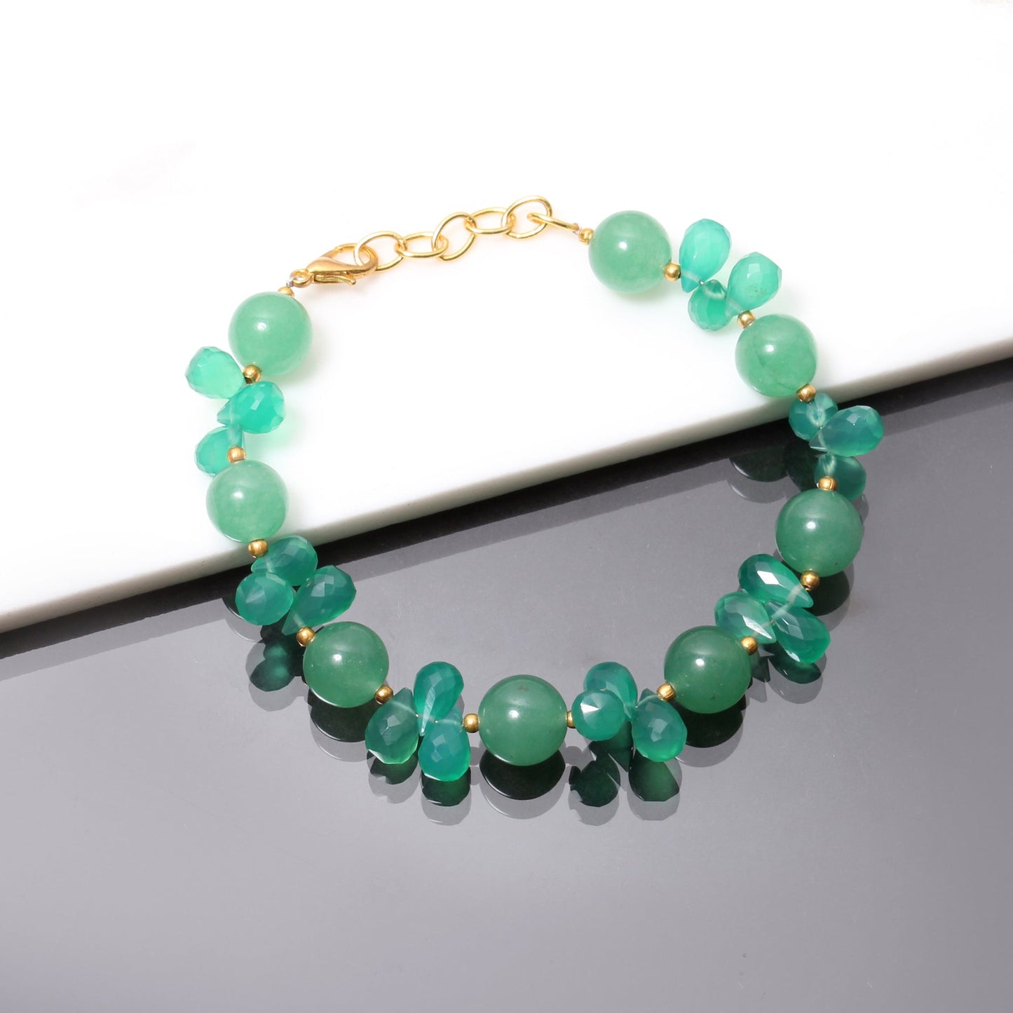 Natural Green Onyx Beaded Bracelet ( Gold Plated ) GemsRush